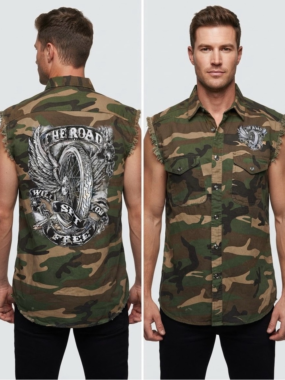 Sleeveless Camo Button-Down Shirt with Back Graphic